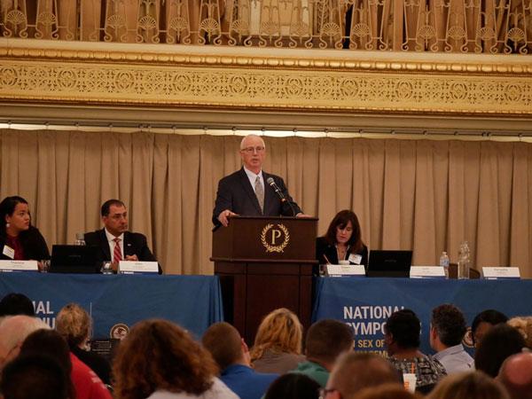 John F. Clark, president and CEO of the National Center for Missing & Exploited Children, gives opening remarks at the 2019 National Symposium on Sex Offender Management and Accountability.